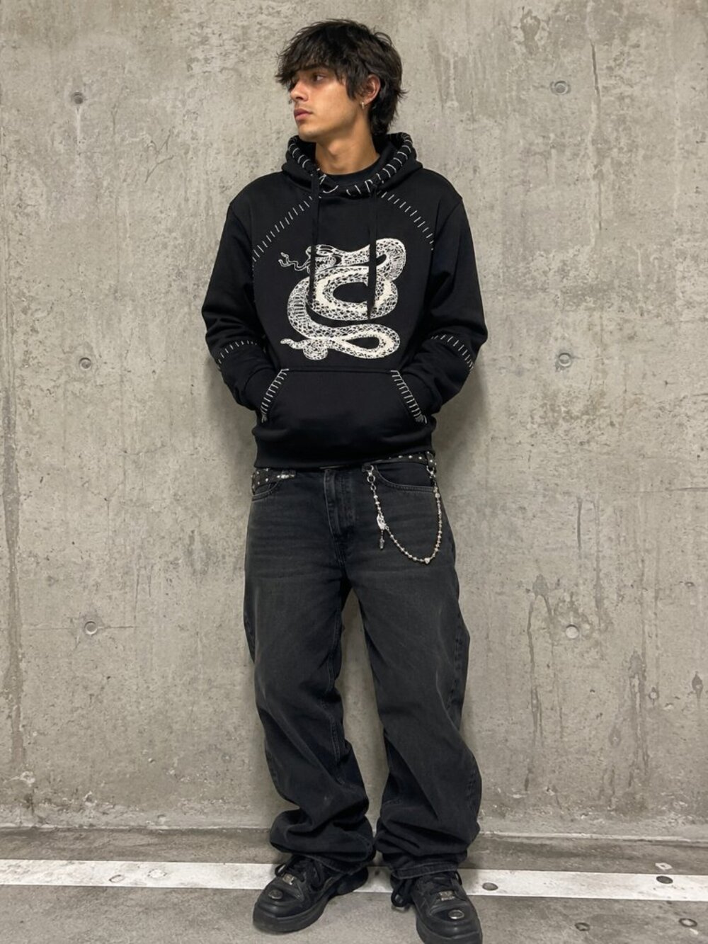 Rebel Black Snake Embroidered Hoodie Gothic Grunge Y2K Streetwear Medium